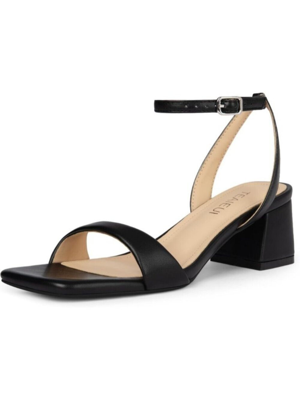 Women's Black Faux Leather Comfortable Square Open Toe Ankle Strap Heeled Sandal